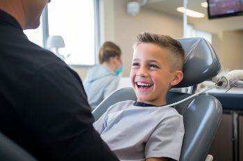 Young boy with spiky hair laughing in dental chair