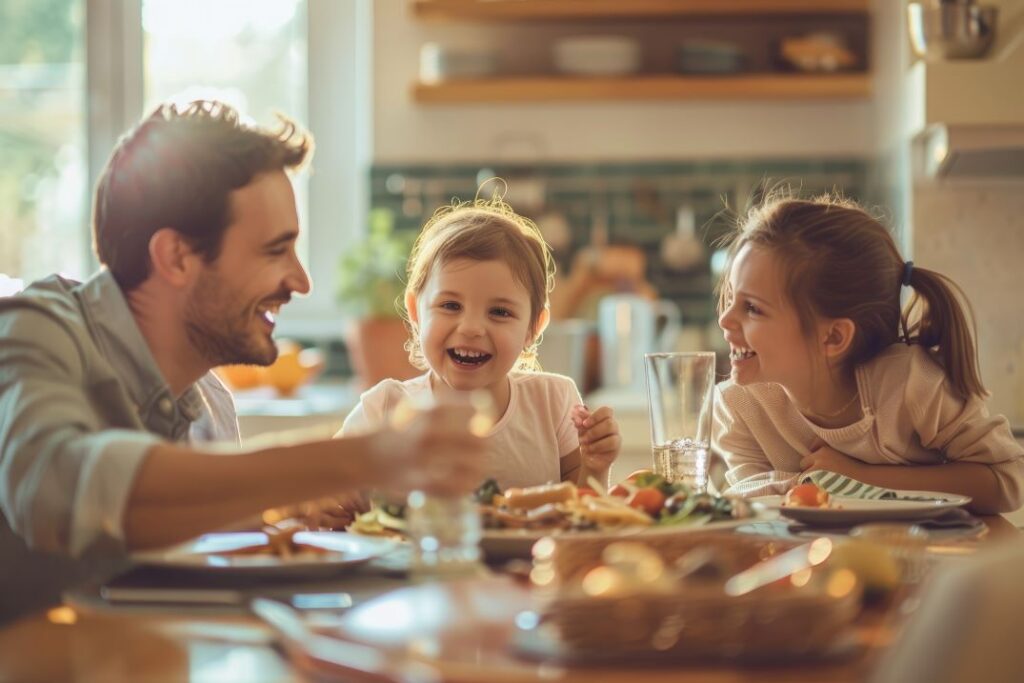 A family sitting down to eat at a table.